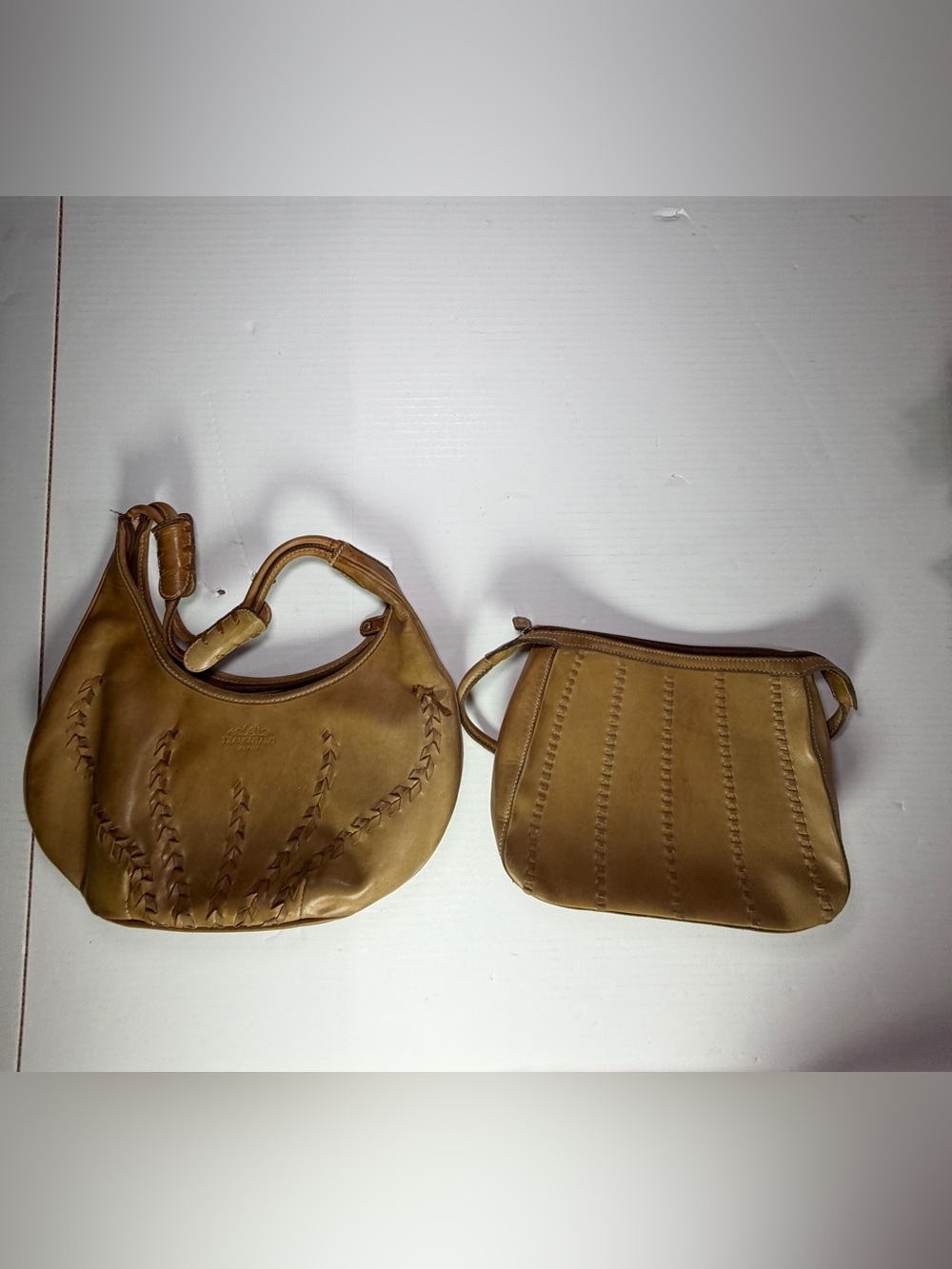 2 Designer Tramontano Italian Tan Leather Shoulder Hobo Bags with Braided Detail